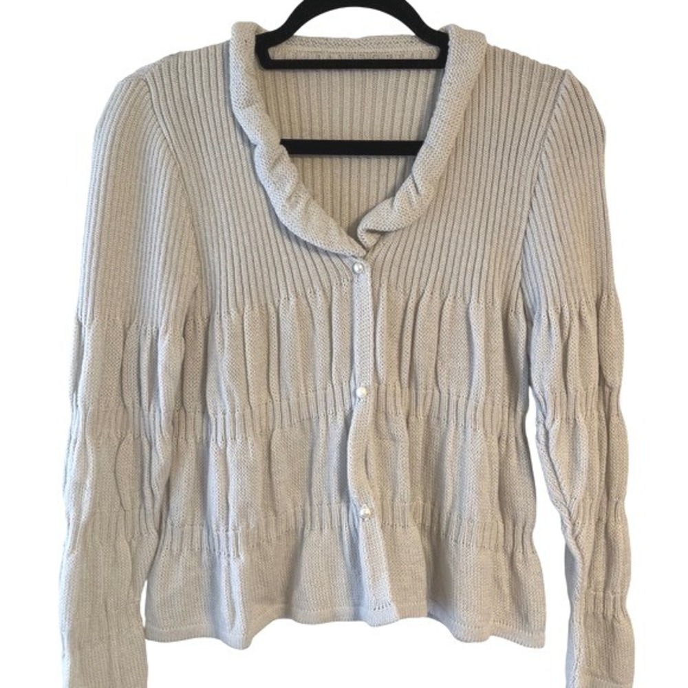 Grandma Grannycore Wool Gray Knit Cardigan Sweater Pearl Buttons Ruffle Neck S/M